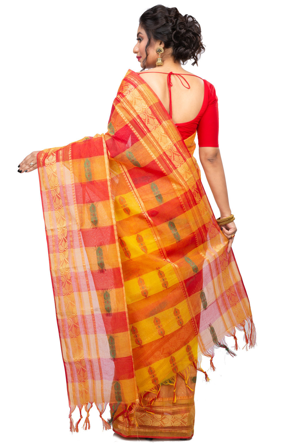 Yellow Red Pure Cotton Raj Nandi Desigine Tant Saree (2808)